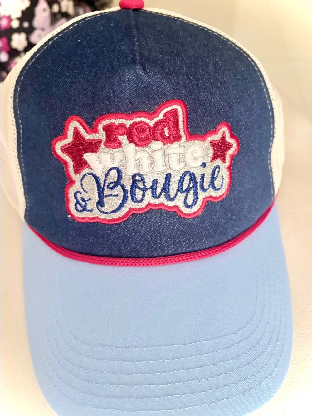 Blue & Light Blue Trucker Hat with 'Red White & Bougie' Patch